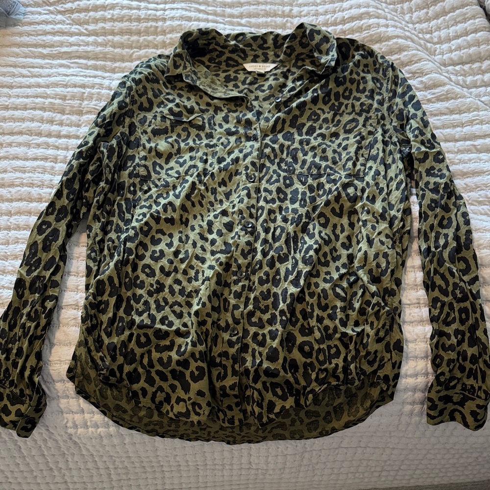Lucky Brand Olive Green and Black Leopard Print Button-Down Shirt